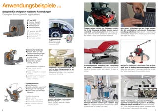 Anwendungsbeispiele ...
Beispiele für erfolgreich realisierte Anwendungen
Examples for successful applications
CT und MRT
	Kleinster Bauraum
	Enge Biegeradien
	Antimagnetisch
	Komplettsysteme
CT scanner and MRT
	 Smallest space
	 Small bending radii
	Nonmagnetic
	 Complete systems

Treppen steigen mithilfe von Gleitlagern möglich,
die für die Bewegung der Räder benutzt wurden –
verschleiß- und korrosionsfest Stair-climbing is possible with this electric wheelchair with bearings in
the wheels – wear- and corrosion-resistant

Acht iglidur® J-Gleitlager sind pro Finger verbaut,
die die verschiedenen auftretenden Belastungen
zuverlässig aufnehmen Eight iglidur® J plain bearing
are fitted per finger, which reliably absorb the different loads that occur

Schmiermittelfreie Verstellung der Therapieliege
mit iglidur® G-Gleitlagern Lubrication-free adjustments of therapy couch with iglidur® G plain bearings

Mit iglidur®-Gleitlagern Leben retten: Über 30 Gleitlager sind in diesem Reanimationsgerät verbaut
Save lifes with iglidur® bearings: More than 30 iglidur® plain bearings in a reanimation device

Für einen zuverlässigen Bewegungsablauf eines
Therapie-Roboters werden igus® e-ketten® eingesetzt For a reliable movement sequence of a threapy robot igus® e-chains® are used

Vollste Flexibilität des „schwebenden“ Röntgenappartes: Energieversorgung über E4.80 e-kette®,
die an der Decke montiert ist Maximum flexibility
of a X-ray machine: energy supply is realised with
E4.80 e-chain®, attached to the ceiling

Platzsparende e-kette®
für Kreisbewegungen
in CT Space-saving
e-chain® for circular
movements in CT

Medizinische Großgeräte
	Lineare, Kreis- und drei	 dimensionale Bewegungen
	Varianten: e-ketten® und
	 e-rohre möglich
	10 Farben zur Auswahl
	Systemlösung: Kette,
	 Leitung, Stecker
Large equipment for medical
	 Linear, circular and 3D	movements
	 Types: e-chains® and e-tubes 	
	possible
	 10 different colors to choose
	 System solution: e-chain®, 		
	 cable, connector

twisterchain (für Drehbewegungen bis
540°) an einem Röntgenroboter, an der
Decke montiert twisterchain® (for circular
movements up to 540°) in a X-ray robot,
mounting on the ceiling
®

Praxisausstattung
	Spart Bauraum
	 Leicht zu befüllen - easy chain®
	Leitungen mit 4xd möglich
	Hohe Zyklen bei minimalem
	Bauraum
Practice furnishings
	Space-saving
	 Easy filling – easy chain®
	 Cables with 4xd possible
	 High cycles at minimum 		
	space
6

e-kette® in Zick-Zack-Form an einem
Behandlungsstuhl e-chain® spacesaving “ZigZag” design in a mobile
operationg table

7

 