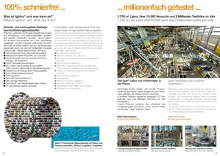100% schmierfrei ...

... millionenfach getestet ...

Was ist iglidur® und was kann es?
What is iglidur® and what can it do?

1.750 m2 Labor, über 15.000 Versuche und 2 Milliarden Testhübe im Jahr
1,750 m2 lab, more than 15,000 tests and 2 billion test cycles per year

Schmier- und wartungsfreie Gleitlager
aus Hochleistungskunststoffen

Polymere, verbessert durch exakt abgestimmte Zusätze
von Verstärkungs- und Festschmierstoffen, tausendfach getestet, millionenfach bewährt – das ist iglidur®.
Die einzelnen Komponenten sind nicht schichtweise
aufgetragen, sondern homogen miteinander vermischt.
Somit gibt es keinen Gleitfilm, der sich bei Belastungen
wegdrücken kann, wie das bei traditionellen Lösungen
„harte Schale – weiche Beschichtung“ der Fall ist.
	Hervorragendes Preis-Lebensdauerverhältnis
	Maßgeschneiderte Werkstoffe und Lösungen
	Inkorporierte Schmierung verhindert Schmutz	 eintrag in die Applikation
	Hohe Chemikalienbeständigkeit
	ISO 10993 Type A konforme und weitere 		
	 FDA-konforme Werkstoffe im Standardprogramm
	Geeignet für die meistgenutzten Reinigungsarten
	Hohe Strahlungsbeständigkeit
	Antimagnetisch
	Minimale Feuchteaufnahme
	Sehr geringe Reibwerte
	Hohe Druck- und Kantenbelastungen möglich
	Für alle Bewegungsarten geeignet

Lubrication- and maintenance-free bearings made of high performance plastics

iglidur® polymers are enhanced by precisely matched reinforced and solid lubricant additives, tested thousands
of times and proven over millions of cycles. The individual components are not simply applied by coating but are
homogeneously blended. This means that there is no
anti-friction film which can be forced apart under pressure, as is the case of traditional solutions incorporating
“hard shell – soft coating”.
	Excellent price-lifetime rate
	Tailored materials and solutions
	Incorporated lubrication protects the application 		
	 from dirt
	Good chemical resistance
	ISO 10993 Type A conform and furthermore
	 FDA-compliant materials in the standard range
	Suitable for the most frequently used cleaning
	methods
	High radiation resistance
	Nonmagnetic
	Minimum humidity absorption
	Very low coefficient of friction
	High pressure and edgle loads possible
	Suitable for all movements

8

igus® laboratory and practical
experience

Gleichzeitig Kosten senken und höchste Prozess–
sicherheit garantieren, dieser Spagat kann nur demjenigen gelingen, der intensiv forscht und testet.
In unserem Testlabor werden an insgesamt 107 Teststationen über zwei Milliarden Testzyklen pro Jahr
durchgeführt.
Unsere Produkte bestehen den „Härtetest“ der
Fertigungsrealität, weil sie ihn schon kennen, bevor
sie das igus®-Lager verlassen haben.

Reducing costs while guaranteeing the highest possible process reliability: only those who invest considerable resources into testing and research, such
as igus®, can successfully address these competing
requirements. The large igus® test lab conducts more
than 2 billion test cycles annually on a total of 107
test stations.
Our products pass the litmus test presented by production reality, because they have already passed this
test before leaving the igus® warehouse.

Mehr Informationen:
www.igus.de/de/test

iglidur®-Compounds: Basispolymere mit Fasern und
Festschmierstoffen, 200fach vergrößert, eingefärbt.
iglidur® Compounds: Basic polymers with fibres and
solid lubricants, magnified 200 times, dyed.

Das igus®-Labor und Erfahrungen in
der Praxis

More information:
www.igus.eu/eu/test

Prüfung tribologischer Eigenschaften
Tribological property testing

Schwenkverschleiß-Prüfstand
Oscillating wear test rig

Messung des Innendurchmessers
Measurement of the inner diameter

9

 