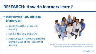 #TXCME15
RESEARCH: How do learners learn?
Interviewed ~300 clinician*
learners to:
1. Deconstruct the‘process of
learning’
2. Explore the how and when
3. Assess how effective and efficient
learners were at the‘process of
learning’ * Cohort included physicians, residents, medical students,
specialists, generalist, & allied health professionals
 