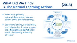 #TXCME15
What Did We Find?
= The Natural Learning Actions
There are 4 generally
acknowledged actions learners
believe drives effective learning
Education planning, development,
and delivery that does not support
the 4 Natural Learning Actions is
at risk of remaining ‘minimally
effective’
(2013)
 