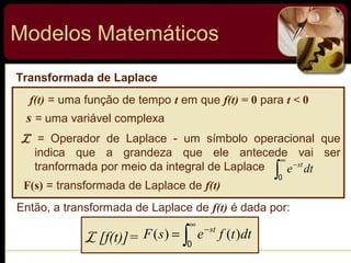Modelos Matemáticos
Transformada de Laplace
∫
∞
−
0
dte st
f(t) = uma função de tempo t em que f(t) = 0 para t < 0
s = uma variável complexa
F(s) = transformada de Laplace de f(t)
L = Operador de Laplace - um símbolo operacional que
indica que a grandeza que ele antecede vai ser
tranformada por meio da integral de Laplace
Então, a transformada de Laplace de f(t) é dada por:
∫
∞
−
=
0
dttfesF st
)()(L [f(t)]=
 