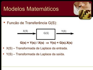  Funcão de Transferência G(S):
G(s) = Y(s) / X(s) ⇒ Y(s) = G(s).X(s)
Modelos Matemáticos
 X(S) – Transformada de Laplace da entrada.
 Y(S) – Transformada de Laplace da saída.
 