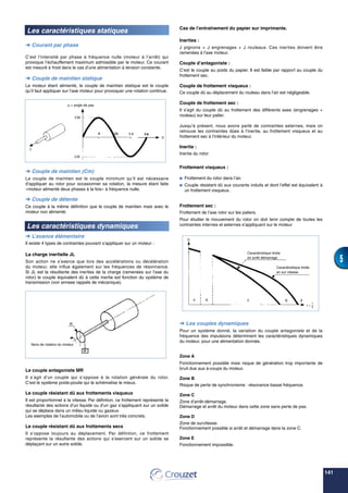 141
5
Les caractéristiques statiques
 Courant par phase
C’est l’intensité par phase à fréquence nulle (moteur à l’arrêt) qui
provoque l’échauffement maximum admissible par le moteur. Ce courant
est mesuré à froid dans le cas d’une alimentation à tension constante.
 Couple de maintien statique
Le moteur étant alimenté, le couple de maintien statique est le couple
qu’il faut appliquer sur l’axe moteur pour provoquer une rotation continue.
α = angle de pas
 Couple de maintien (Cm)
Le couple de maintien est le couple minimum qu’il est nécessaire
d’appliquer au rotor pour occasionner sa rotation, la mesure étant faite
«moteur alimenté deux phases à la fois» à fréquence nulle.
 Couple de détente
Ce couple à la même définition que le couple de maintien mais avec le
moteur non alimenté.
Les caractéristiques dynamiques
 L’avance élémentaire
Il existe 4 types de contraintes pouvant s’appliquer sur un moteur :
La charge inertielle JL
Son action ne s’exerce que lors des accélérations ou décélération
du moteur, elle influe également sur les fréquences de résonnance.
Si JL est la résultante des inerties de la charge (ramenées sur l’axe du
rotor) le couple équivalent dû à cette inertie est fonction du système de
transmission (voir annexe rappels de mécanique).
Le couple antagoniste MR
Il s’agit d’un couple qui s’oppose à la rotation générale du rotor.
C’est le système poids-poulie qui le schématise le mieux.
Le couple résistant dû aux frottements visqueux
Il est proportionnel à la vitesse. Par défintion, ce frottement représente la
résultante des actions d’un liquide ou d’un gaz s’appliquant sur un solide
qui se déplace dans un milieu liquide ou gazeux.
Les exemples de l’automobile ou de l’avion sont très concrets.
Le couple résistant dû aux frottements secs
Il s’oppose toujours au déplacement. Par défintion, ce frottement
représente la résultante des actions qui s’exercent sur un solide se
déplaçant sur un autre solide.
Cas de l’entraînement du papier sur imprimante.
Inerties :
J pignons + J engrenages + J rouleaux. Ces inerties doivent être
ramenées à l’axe moteur.
Couple d’antagoniste :
C’est le couple au poids du papier. Il est faible par rapport au couple du
frottement sec.
Couple de frottement visqueux :
Ce couple dû au déplacement du rouleau dans l’air est négligeable.
Couple de frottement sec :
Il s’agit du couple dû au frottement des différents axes (engrenages +
rouleau) sur leur palier.
Jusqu’à présent, nous avons parlé de contraintes externes, mais on
retrouve les contraintes dûes à l’inertie, au frottement visqueux et au
frottement sec à l’intérieur du moteur.
Inertie :
Inertie du rotor.
Frottement visqueux :
 Frottement du rotor dans l’air.
 Couple résistant dû aux courants induits et dont l’effet est équivalent à
un frottement visqueux.
Frottement sec :
Frottement de l’axe rotor sur les paliers.
Pour étudier le mouvement du rotor on doit tenir compte de toutes les
contraintes internes et externes s’appliquant sur le moteur
 Les couples dynamiques
Pour un système donné, la variation du couple antagoniste et de la
fréquence des impulsions déterminent les caractéristiques dynamiques
du moteur, pour une alimentation donnée.
Zone A
Fonctionnement possible mais risque de génération trop importante de
bruit due aux à-coups du moteur.
Zone B
Risque de perte de synchronisme : résonance basse fréquence.
Zone C
Zone d’arrêt-démarrage.
Démarrage et arrêt du moteur dans cette zone sans perte de pas.
Zone D
Zone de survitesse.
Fonctionnement possible si arrêt et démarrage dans la zone C.
Zone E
Fonctionnement impossible.
Sens de rotation du moteur
Caractéristique limite
en sur vitesse
Caractéristique limite
en arrêt démarrage
 