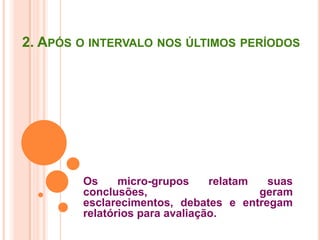 A) Retomada das aulas anteriores:a)Primeira aula:ensino e ensinagem: debate experimental com base na noção de ensinagem;b)Segunda aula: questões em grupo:1.Do ensinar à ensinagem; 2. Professor e aluno: ciência, conhecimento e saber escolar; 3. Docência: ensinar a quem?c)construção em grupos: possibilidades e dificuldades.
