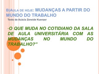 Metodologia da aula de hojeTécnica de dinâmica de grupo: grade progressiva.QUESTÕES:1. A que mudanças no mundo do trabalho o texto se refere)? (conceituar) (p. 15)