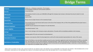 Bridge Terms
Company:
Docola, Inc., a Delaware corporation. The Company
has developed a healthcare communication platform.
Security:
Convertible Note
Offering Size:
The Company intends to raise up to $500,000, although the Company may increase or decrease the amount raised in its sole
discretion.
Repayment:
July 30, 2023
Interest Rate:
6% per annum simple interest on the invested principal.
Conversion Price:
The principal and accrued interest shall convert at the time of the Company’s IPO, at 75% of the published IPO price (each share a
“Conversion Share”).
Minimum Investment:
$50,000 (may be waived by the Company in its sole discretion)
Investor Eligibility:
“Accredited Investors” only.
Closings:
One or more closings as the Company accepts subscriptions. Proceeds will be immediately available to the Company.
Use of Proceeds:
Working capital, IPO costs and research and development.
Subscription Procedure:
Investors must execute a Note Purchase Agreement, which will include standard representations for notes of this nature
Restrictions on Transferability:
None of the Notes, or any securities issuable pursuant to same, have been registered under the Securities Act of 1933, as amended
(the “Securities Act”). As such, they constitute “restricted securities” under the Securities Act. Such Securities may not be sold or
otherwise transferred unless they are registered under the Securities Act and applicable foreign or state laws or unless exemptions
from registration are available under such laws
THIS IS NOT AN OFFER TO SELL OR A SOLICITATION OF AN OFFER TO BUY SECURITIES, OR TO SUBSCRIBE TO PURCHASE SECURITIES. THIS INFORMATION IS NOT
INTENDED, NOR SHOULD IT BE DISTRIBUTED, NOR IS IT INTENDED FOR PUBLICATION OR DISTRIBUTION TO THE GENERAL PUBLIC.
 