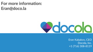 For more information:
Eran@doco.la
Eran Kabakov, CEO
Docola, Inc.
+1 (716) 308-8119
 