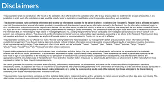 This presentation shall not constitute an offer to sell or the solicitation of an offer to sell or the solicitation of an offer to buy any securities nor shall there be any sale of securities in any
jurisdiction in which such offer, solicitation or sale would be unlawful prior to registration or qualification under the securities laws of any such jurisdiction.
This document contains highly confidential information and is solely for informational purposes for the person to whom it is delivered (the “Recipient”). Recipient and its affiliates and agents
must hold this document and any oral information provided in connection with this document, as well as any information derived by the Recipient from the information contained herein, in
strict confidence and may not communicate, reproduce or disclose it to any other person, or refer to it publicly, in whole or in part at any time except with the prior written consent of Docola,
Inc. If you are not the intended recipient of this document, please delete and destroy all copies immediately. This presentation does not purport to be all-inclusive or necessarily to contain all
the information that an interested party might desire in investigating Docola, Inc., and any Recipient hereof should conduct its own investigation and analysis and should consult such
person’s own professional advisors. This document and the information contained herein do not constitute legal, regulatory, accounting or tax advice to the Recipient. This document does
not constitute and should not be considered as any form of financial opinion or recommendation by Docola, Inc., or any of its affiliates.
Disclaimers
This presentation contains, and our officers may make, "forward-looking" statements that are based on our management's beliefs and assumptions and on information currently
available to management. These forward-looking statements include, without limitation, information concerning possible or assumed future results of operations, including descriptions
of our business plan and strategies. These statements often include words such as "anticipate," "expect," "suggest," "plan," "believe," "intend," "estimate," "target," "project,"
"should," "could," "would," "may," "will," "forecast," and other similar expressions.
Forward-looking statements involve known and unknown risks, uncertainties, and other factors that may cause our actual results, performance, or achievements to be materially
different from any future results, performance, or achievements expressed or implied by the forward-looking statements. These statements are based on certain assumptions that we
have made in light of our experience in the industry and our perception of historical trends, current conditions, expected future developments, and other factors we believe are
appropriate under the circumstances as of the date hereof. These and other important factors may cause our actual results, performance, or achievements to differ materially from those
expressed or implied by these forward-looking statements.
We cannot guarantee future results, outcomes, levels of activity, performance, developments, or achievements, and there can be no assurance that our expectations, intentions,
anticipations, beliefs, or projections will result or be achieved or accomplished. The forward-looking statements in this presentation are made only as of the date hereof. Except as required by
law, we assume no obligation to update these forward-looking statements, or to update the reasons actual results could differ materially from those anticipated in the forward-looking
statements, even if new information becomes available in the future.
This presentation may also contains estimates and other statistical data made by independent parties and by us relating to market size and growth and other data about our industry. This
data involves a number of assumptions and limitations, and you are cautioned not to give undue weight to such estimates.
 