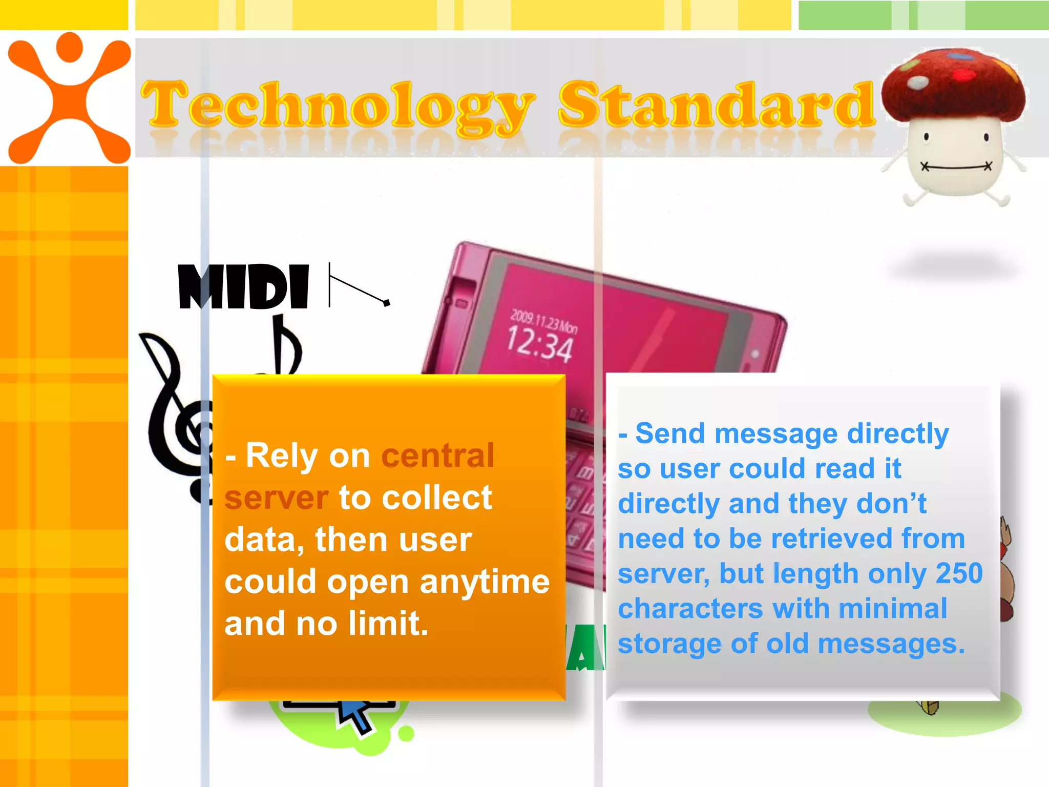 MIDI

 - Rely on central
                                        GIF
                      - Send message directly
                      so user could read it
 server to collect    directly and they don’t
 data, then user      need to be retrieved from
 could open anytime   server, but length only 250
                      characters with minimal
 and no limit.
               EMAIL  storage of old messages.
 
