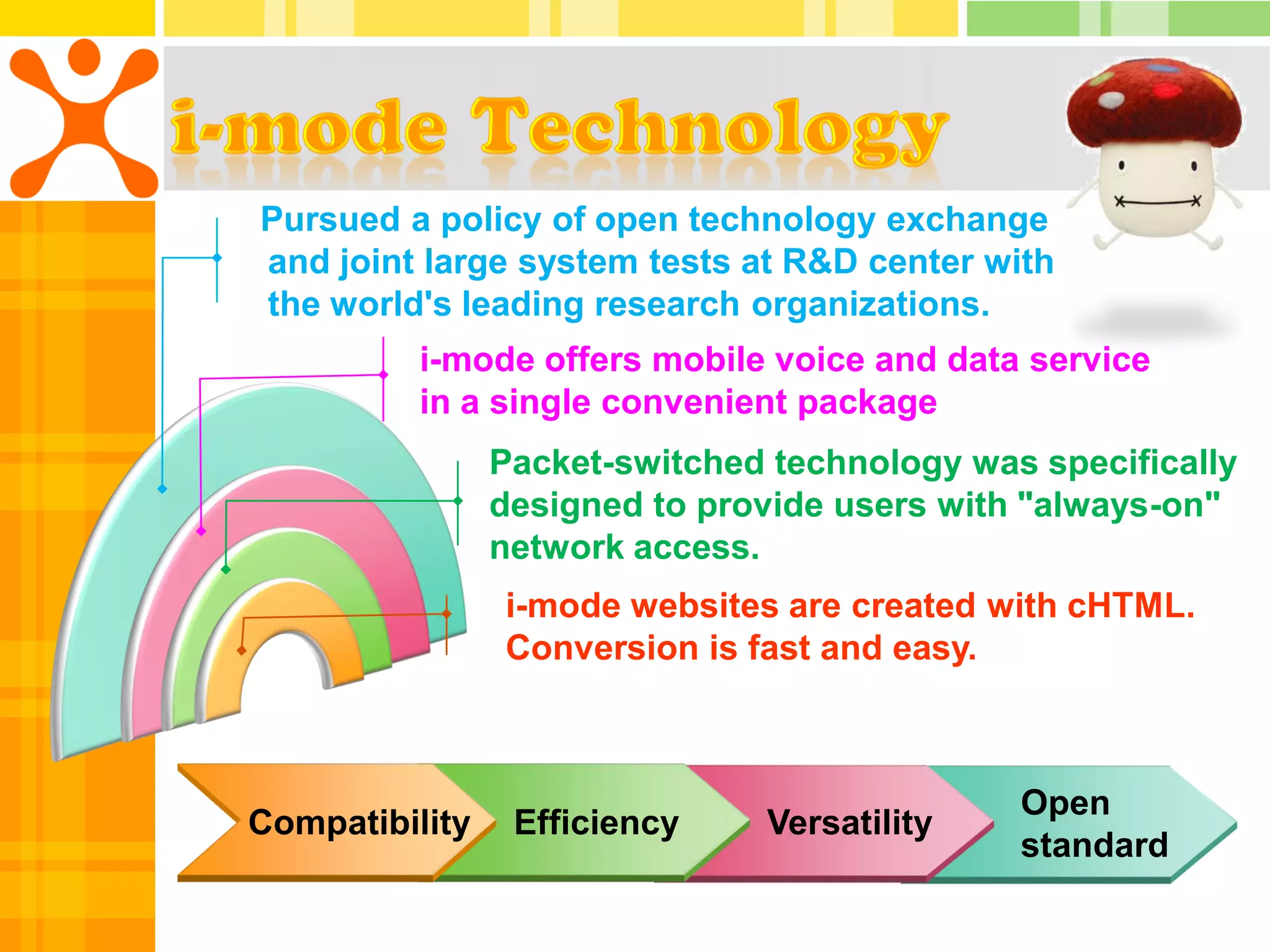 Pursued a policy of open technology exchange
and joint large system tests at R&D center with
the world's leading research organizations.
          i-mode offers mobile voice and data service
          in a single convenient package
                Packet-switched technology was specifically
                designed to provide users with "always-on"
                network access.
                i-mode websites are created with cHTML.
                Conversion is fast and easy.



                                              Open
Compatibility    Efficiency    Versatility
                                              standard
 