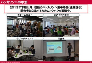© 2014 NTT DOCOMO, INC. All Rights Reserved. 
ハッカソンへの参加 
２０１３年下期以降、複数のハッカソンへ集中参加（主催含む） 
開発者と交流するためのノウハウを蓄積中。 
28 
②アイデア検討 
④発表 
①チームビルド 
③プログラミング  