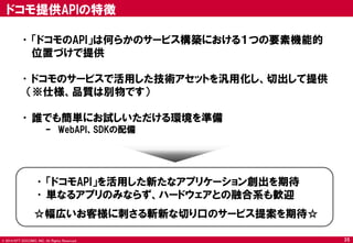 © 2014 NTT DOCOMO, INC. All Rights Reserved. 
•「ドコモのAPI」は何らかのサービス構築における１つの要素機能的 位置づけで提供 
•ドコモのサービスで活用した技術アセットを汎用化し、切出して提供 
（※仕様、品質は別物です） 
•誰でも簡単にお試しいただける環境を準備 
–WebAPI、SDKの配備 
ドコモ提供APIの特徴 
•「ドコモAPI」を活用した新たなアプリケーション創出を期待 
•単なるアプリのみならず、ハードウェアとの融合系も歓迎 
☆幅広いお客様に刺さる斬新な切り口のサービス提案を期待☆ 
35  
