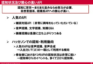 © 2014 NTT DOCOMO, INC. All Rights Reserved. 
 人気のAPI 
雑談対話API （非常に興味をもっていただいている） 
音声認識、文字認識、知識Q&A 
画像認識は急激に立ち上がりつつある 
 ハッカソンでの認知・利用動向 
人気のAPIは音声認識、音声合成 
→入出力I/F（UI）の一環として利用する傾向 
参加者におけるドコモAPIの認知状況は非常に低い 
→認知率０％のイベントも、多くて２０％認知率。 
認知状況及び関心の高いAPI 
38 
認知に苦労～まだまだ並みならぬ努力が必要｡ 
自然言語系、認識系APIへの関心が高い｡  