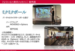 © 2014 NTT DOCOMO, INC. All Rights Reserved. 
［5/31-6/1東京ハッカソン］優秀賞 
＜作品概要＞ 
グラスデバイスを装着することで、目の前にバーチャル キャラクター（ミク）が現れる。そして、遠隔操作がで きるボール（Sphero）を用いて、ボールを打ってあ げると、キャラクターもボールを打ち返してくれる屋内 一人ボール遊びツール。 
バーチャルキャラクターとボール遊び 
ハードウェア 
MOVERIO＋Sphero 
API 
音声合成 
49  