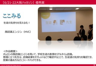 © 2014 NTT DOCOMO, INC. All Rights Reserved. 
［6/21-22大阪ハッカソン］優秀賞 
＜作品概要＞ 
オムロンの顔認識エンジンを用いて、学校生徒の表情をリアルタイム認識。 
教壇に立つ先生は、認識結果をタブレットなどで確認することで、生徒達の気持ちを確認でき、 
授業の進め方などにフィードバックできる。 
生徒の気持ちを見える化！ 
顔認識エンジン（HVC） 
50  