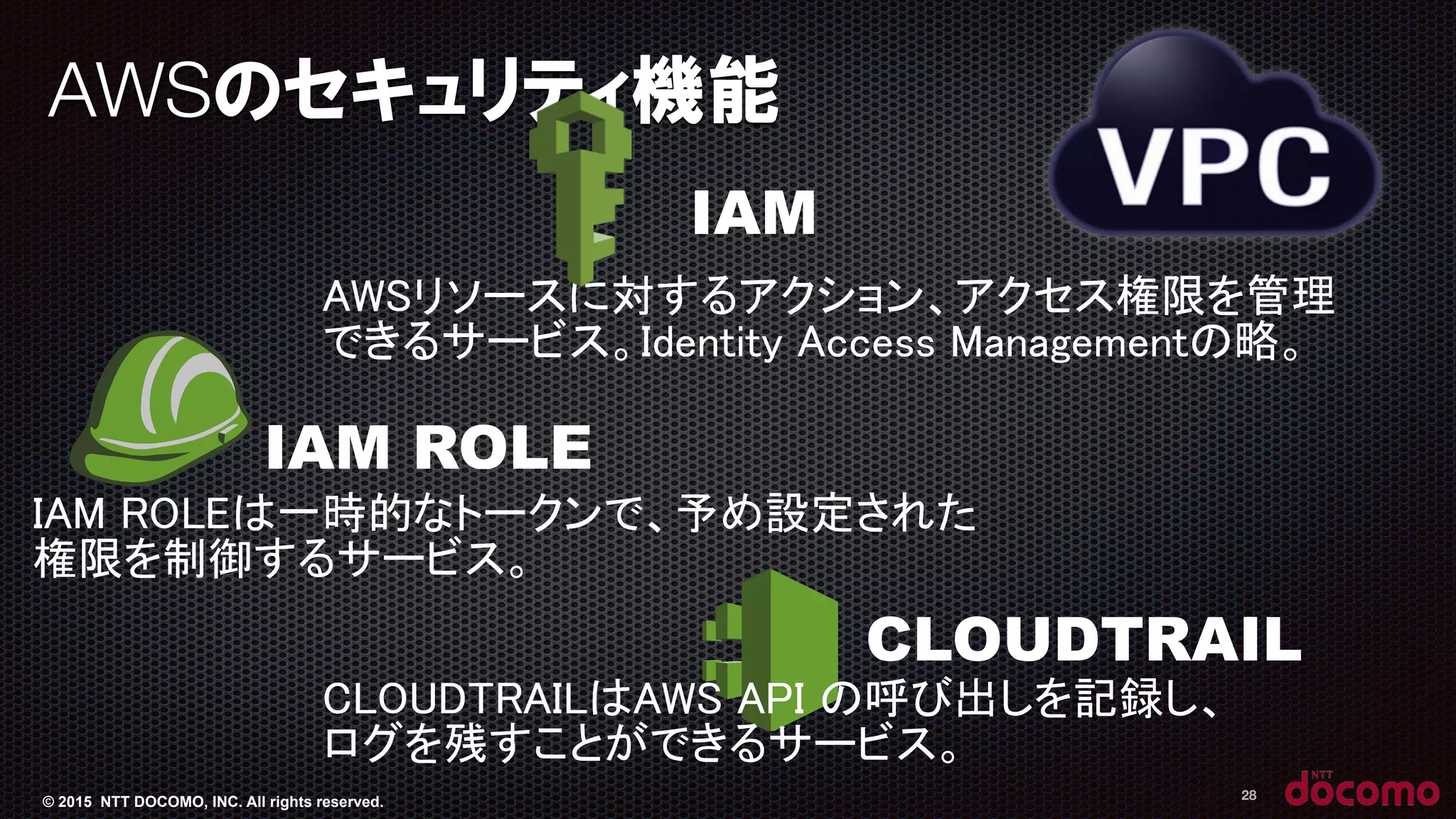 © 2015 NTT DOCOMO, INC. All rights reserved.
AWSのセキュリティ機能
28
IAM ROLEは一時的なトークンで、予め設定された
権限を制御するサービス。
AWSリソースに対するアクション、アクセス権限を管理
できるサービス。Identity Access Managementの略。
IAM ROLE
IAM
CLOUDTRAIL
CLOUDTRAILはAWS API の呼び出しを記録し、
ログを残すことができるサービス。
 