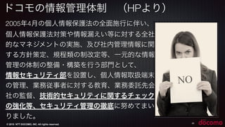 © 2015 NTT DOCOMO, INC. All rights reserved.
ドコモの情報管理体制 （HPより）
2005年4月の個人情報保護法の全面施行に伴い、
個人情報保護法対策や情報漏えい等に対する全社
的なマネジメントの実施、及び社内管理情報に関
する方針策定、規程類の制改定等、一元的な情報
管理の体制の整備・構築を行う部門として、
情報セキュリティ部を設置し、個人情報取扱端末
の管理、業務従事者に対する教育、業務委託先会
社の監督、技術的セキュリティに関するチェック
の強化等、セキュリティ管理の徹底に努めてまい
りました。
20
 