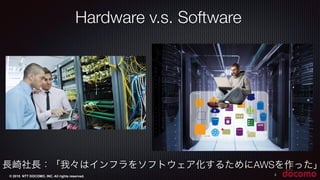 © 2015 NTT DOCOMO, INC. All rights reserved. 3
Hardware v.s. Software
長崎社長：「我々はインフラをソフトウェア化するためにAWSを作った」
 