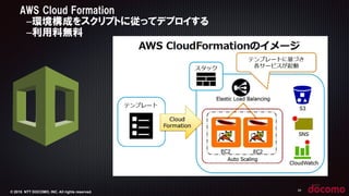 © 2015 NTT DOCOMO, INC. All rights reserved. 34
AWS  Cloud  Formation  
–環境構成をスクリプトに従ってデプロイする  
–利用料無料
 