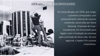 ANOS 1970 – MICROCOMPUTADORES
Foi nessa década, em 1976, que surgiu
o primeiro computador com
processamento vetorial de sucesso
comercial, construído por Steve
Wozniak. Chamado de Cray I
inicialmente, foi renomeado para
Apple I com a fundação da empresa
após a entrada de Steve Jobs. No ano
seguinte, o Apple II foi sucesso
instantâneo.
 