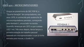 ANOS 1970 – MICROCOMPUTADORES
Graças ao pioneirismo do DEC PDP-8, a
"Quarta Geração" de computadores, nos
anos 1970, é conhecida pela avalanche de
microcomputadores pessoais, começando
pelo Kenback 1, anunciado na revista
Sicentific American em 1971 e que custava
US$ 7 mil. Três anos depois, Xerox lançou a
primeira estação de trabalho pessoal
baseada em microprocessador e que já tinha
entrada para mouse, o Scelbi SH.
 