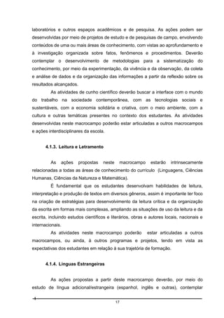 laboratórios e outros espaços acadêmicos e de pesquisa. As ações podem ser
desenvolvidas por meio de projetos de estudo e de pesquisas de campo, envolvendo
conteúdos de uma ou mais áreas de conhecimento, com vistas ao aprofundamento e
à investigação organizada sobre fatos, fenômenos e procedimentos. Deverão
contemplar o desenvolvimento de metodologias para a sistematização do
conhecimento, por meio da experimentação, da vivência e da observação, da coleta
e análise de dados e da organização das informações a partir da reflexão sobre os
resultados alcançados.
As atividades de cunho científico deverão buscar a interface com o mundo
do trabalho na sociedade contemporânea, com as tecnologias sociais e
sustentáveis, com a economia solidária e criativa, com o meio ambiente, com a
cultura e outras temáticas presentes no contexto dos estudantes. As atividades
desenvolvidas neste macrocampo poderão estar articuladas a outros macrocampos
e ações interdisciplinares da escola.

4.1.3. Leitura e Letramento

As

ações

propostas

neste

macrocampo

estarão

intrinsecamente

relacionadas a todas as áreas de conhecimento do currículo (Linguagens, Ciências
Humanas, Ciências da Natureza e Matemática).
É fundamental que os estudantes desenvolvam habilidades de leitura,
interpretação e produção de textos em diversos gêneros, assim é importante ter foco
na criação de estratégias para desenvolvimento da leitura crítica e da organização
da escrita em formas mais complexas, ampliando as situações de uso da leitura e da
escrita, incluindo estudos científicos e literários, obras e autores locais, nacionais e
internacionais.
As atividades neste macrocampo poderão

estar articuladas a outros

macrocampos, ou ainda, à outros programas e projetos, tendo em vista as
expectativas dos estudantes em relação à sua trajetória de formação.

4.1.4. Línguas Estrangeiras

As ações propostas a partir deste macrocampo deverão, por meio do
estudo de língua adicional/estrangeira (espanhol, inglês e outras), contemplar
17

 