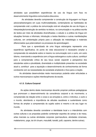 atividades que possibilitem experiências de uso da língua com foco no
desenvolvimento linguístico-comunicativo-discursivo.
As atividades deverão compreender a construção da linguagem na língua
adicional/estrangeira em suas multimodalidades, contemplando as habilidades de
compreensão oral; a prática da comunicação oral em situações de uso da língua; a
interpretação/construção de sentidos na leitura, na comunicação e na prática escrita
de textos por meio de atividades diversificadas; o estudo e a prática da língua em
situações formais e informais; introdução a textos literários e outras manifestações
culturais, em ambientação própria para a utilização de metodologia e materiais
diferenciados que potencializem os processos de aprendizagem.
Para que o aprendizado de uma língua estrangeira represente uma
experiência significativa, do ponto de vista educacional é necessário ampliar a
compreensão do estudante sobre si mesmo na comunicação com o outro, em outro
idioma, vivenciando a experiência com a língua estrangeira e outra cultura; contribuir
para a compreensão crítica do seu locus social; expandir a perspectiva dos
estudantes sobre a pluralidade, diversidade e multiplicidade presentes na sociedade
atual e, contribuir para a aquisição e desenvolvimento de conhecimentos de forma
condizente com as necessidades da sociedade ampliando o foco para a criação.
As atividades desenvolvidas neste macrocampo poderão estar articuladas a
outros macrocampos e ações interdisciplinares da escola.

4.1.5. Cultura Corporal

As ações dentro deste macrocampo deverão propiciar práticas pedagógicas
que promovam o desenvolvimento da consciência corporal e do movimento; a
compreensão da relação entre o corpo e as emoções e, entre o indivíduo, o outro e
o mundo, abordando a importância de atitudes saudáveis e sustentáveis como
formas de ampliar a compreensão do sujeito sobre si mesmo e de seu lugar no
mundo.
As atividades deverão considerar a identidade local e o intercâmbio com
outras culturas e as propostas poderão contemplar esportes de campo e de mesa,
artes marciais ou outras atividades corporais (permacultura, atividades circenses,
malabarismo, yoga, tai chi chuam, maculelê, karatê, judô, capoeira, dentre outras).

18

 