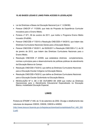 10. AS BASES LEGAIS E LINKS PARA ACESSO À LEGISLAÇÃO



Lei de Diretrizes e Bases da Educação Nacional (Lei n°. 9.394/96)



Parecer CNE/CP nº 11/2009, que trata da Proposta de Experiência Curricular
Inovadora para o Ensino Médio;



Portaria nº 971, 09 de outubro de 2011, que institui o Programa Ensino Médio
Inovador (ProEMI).



Parecer CNE/CEB nº 7/2010 e Resolução CNE/CEB nº 04/2010, que tratam das
Diretrizes Curriculares Nacionais Gerais para a Educação Básica.



Parecer CNE/CEB nº 05/2011, de 05/05/2011 e Resolução CNE/CEB nº 2, de 30
de janeiro de 2012, que tratam das Diretrizes Curriculares Nacionais para o
Ensino Médio.



Resolução CNE/CEB nº 2/2008, que estabelece diretrizes

complementares,

normas e princípios para o desenvolvimento de políticas públicas de atendimento
da Educação Básica do Campo.


Resolução CNE/CEB no5/2012, que define as Diretrizes Curriculares Nacionais
para a Educação Escolar Indígena na Educação Básica.



Resolução CNE/CEB no8/2012, que define as Diretrizes Curriculares Nacionais
para a Educação Escolar Quilombola na Educação Básica.



RESOLUÇÃO Nº 4, DE 2 DE OUTUBRO DE 2009 que institui as Diretrizes
Operacionais para o Atendimento Educacional Especializado na Educação
Básica, modalidade Educação Especial.

LINKS

Portaria do STN/MF nº 448, de 13 de setembro de 2002. Divulga o detalhamento das
naturezas de despesas 339030, 339036, 339039 e 449052.
(http://www.tesouro.fazenda.gov.br/legislacao/download/contabilidade/Port_448_200
2.pdf)

32

 