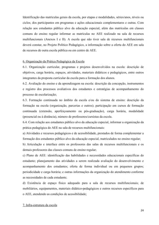  24
Identificação das matrículas gerais da escola, por etapas e modalidades, séries/anos, níveis ou
ciclos; dos participantes em programas e ações educacionais complementares e outras. Com
relação aos estudantes público alvo da educação especial, além das matrículas em classes
comuns do ensino regular informar as matrículas no AEE realizado na sala de recursos
multifuncionais (Anexos I e II). A escola que não tiver sala de recursos multifuncionais
deverá constar, no Projeto Político Pedagógico, a informação sobre a oferta do AEE em sala
de recursos de outra escola pública ou em centro de AEE.
6. Organização da Prática Pedagógica da Escola
6.1. Organização curricular, programas e projetos desenvolvidos na escola: descrição de
objetivos, carga horária, espaços, atividades, materiais didáticos e pedagógicos, entre outros
integrantes da proposta curricular da escola para a formação dos alunos.
6.2. Avaliação do ensino e da aprendizagem na escola: descrição da concepção, instrumentos
e registro dos processos avaliativos dos estudantes e estratégias de acompanhamento do
processo de escolarização;
6.3. Formação continuada no âmbito da escola e/ou do sistema de ensino: descrição da
formação na escola (organização, parcerias e outros); participação em cursos de formação
continuada (extensão, aperfeiçoamento ou pós-graduação), carga horária, modalidade
(presencial ou à distância), número de professores/cursistas da escola.
6.4. Com relação aos estudantes público alvo da educação especial, informar a organização da
prática pedagógica do AEE na sala de recursos multifuncionais:
a) Atividades e recursos pedagógicos e de acessibilidade, prestados de forma complementar a
formação dos estudantes público alvo da educação especial, matriculados no ensino regular;
b) Articulação e interface entre os professores das salas de recursos multifuncionais e os
demais professores das classes comuns de ensino regular;
c) Plano de AEE: identificação das habilidades e necessidades educacionais específicas do
estudante; planejamento das atividades a serem realizada avaliação do desenvolvimento e
acompanhamento dos estudantes; oferta de forma individual ou em pequenos grupos;
periodicidade e carga horária; e outras informações da organização do atendimento conforme
as necessidades de cada estudante;
d) Existência de espaço físico adequado para a sala de recursos multifuncionais; de
mobiliários, equipamentos, materiais didático-pedagógicos e outros recursos específicos para
o AEE, atendendo as condições de acessibilidade;
7. Infra-estrutura da escola
 