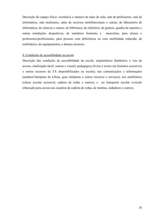   25
Descrição do espaço físico: existência e número de salas de aula, sala de professores, sala de
informática, sala multimeio, salas de recursos multifuncionais e outras; de laboratório de
informática, de ciências e outros; de biblioteca; de refeitório; de ginásio, quadra de esportes e
outras instalações desportivas; de sanitários feminino e masculino, para alunos e
professores/profissionais, para pessoas com deficiência ou com mobilidade reduzida; de
mobiliários; de equipamentos; e demais recursos.
8. Condições de acessibilidade na escola
Descrição das condições de acessibilidade da escola: arquitetônica (banheiros e vias de
acesso, sinalização táctil, sonora e visual); pedagógica (livros e textos em formatos acessíveis
e outros recursos de TA disponibilizados na escola); nas comunicações e informações
(tradutor/intérprete de Libras, guia intérprete e outros recursos e serviços); nos mobiliários
(classe escolar acessível, cadeira de rodas e outros); e no transporte escolar (veículo
rebaixado para acesso aos usuários de cadeira de rodas, de muletas, andadores e outros).
 