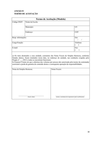   30
ANEXO IV
TERMO DE ACEITAÇÃO
Termo de Aceitação (Modelo)
Nome da Escola:
Município: UF:
Código INEP:
Endereço: CEP:
Resp. informações: Em:
/ /
Cargo/Função: Telefone:
( )
E-mail: Fax:
( )
a) Os itens destinados a essa unidade, constantes das Notas Fiscais de Simples Remessa, conforme
listadas abaixo, foram instalados nessa data, no endereço da unidade, nas condições exigidas pelo
Pregão nº ___/2012 e todos se encontram funcionais.
b) Estamos Cientes de que a abertura dos volumes por pessoa não autorizada pela (nome da contratada)
acarretará a perda da garantia do conteúdo destes e consequente apuração de responsabilidades.
Notas de Simples Remessa: Notas Fiscais:
______________________________________
(local e data)
____________________________________________
(nome e assinatura do responsável pelo recebimento)
 