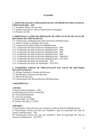   4
SUMÁRIO
1. ASPECTOS LEGAIS E PEDAGÓGICOS DO ATENDIMENTO EDUCACIONAL
ESPECIALIZADO – AEE
1.1. Estudantes Público Alvo do AEE
1.2. Institucionalização do AEE no Projeto Político Pedagógico
1.3. Professor do AEE
2. OBJETIVOS E AÇÕES DO PROGRAMA DE IMPLANTAÇÃO DE SALAS DE
RECURSOS MULTIFUNCIONAIS
2.1. Critérios para a Implantação das Salas de Recursos Multifuncionais
2.2. Adesão, Cadastro e Indicação das Escolas
2.3. Composição das Salas de Recursos Multifuncionais
2.3.1. Composição das Salas de Recursos Multifuncionais - 2005
2.3.2. Composição das Salas de Recursos Multifuncionais - 2006
2.3.3. Composição das Salas de Recursos Multifuncionais - 2007
2.3.4. Composição das Salas de Recursos Multifuncionais - 2008
2.3.5. Composição das Salas de Recursos Multifuncionais – 2009/2010
2.3.6. Composição das Salas de Recursos Multifuncionais – 2011/2012
2.3.7. Composição dos Quites de Atualização – 2011
2.3.8. Composição dos Quites de Atualização – 2012/2013
3. CONDIÇÕES GERAIS DE IMPLANTAÇÃO DAS SALAS DE RECURSOS
MULTIFUNCIONAIS
3.1. Entrega, Instalação e Garantia dos Recursos
3.2. Identificação e Segurança dos Recursos
3.3. Doação dos Recursos
3.4. Funcionamento das Salas de Recursos Multifuncionais
4. REFERÊNCIAS
ANEXOS
I. Projeto Político Pedagógico - PPP
II. Orientações para acesso ao SIGETEC
III. Termo de Recebimento
IV. Termo de Aceitação
V. Portaria MEC, n°13/2007
VI. Portaria SECADI, n° 25/2012
APÊNDICE
I. Especificação Técnica dos itens que compõem as Salas de Recursos Multifuncionais
II. Especificação Técnica dos itens que compõem o quite de atualização das salas de
recursos multifuncionais – 2011
III. Especificação Técnica dos itens que compõem o quite de atualização das salas de
recursos multifuncionais – 2012/2013
 