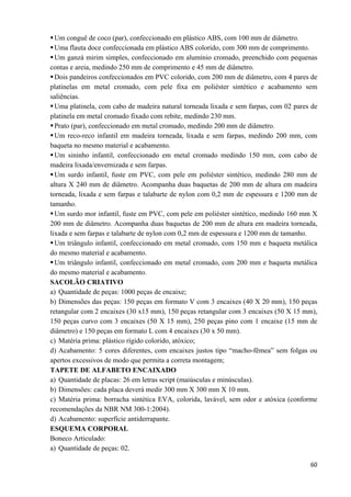   60
Um conguê de coco (par), confeccionado em plástico ABS, com 100 mm de diâmetro.
Uma flauta doce confeccionada em plástico ABS colorido, com 300 mm de comprimento.
Um ganzá mirim simples, confeccionado em alumínio cromado, preenchido com pequenas
contas e areia, medindo 250 mm de comprimento e 45 mm de diâmetro.
Dois pandeiros confeccionados em PVC colorido, com 200 mm de diâmetro, com 4 pares de
platinelas em metal cromado, com pele fixa em poliéster sintético e acabamento sem
saliências.
Uma platinela, com cabo de madeira natural torneada lixada e sem farpas, com 02 pares de
platinela em metal cromado fixado com rebite, medindo 230 mm.
Prato (par), confeccionado em metal cromado, medindo 200 mm de diâmetro.
Um reco-reco infantil em madeira torneada, lixada e sem farpas, medindo 200 mm, com
baqueta no mesmo material e acabamento.
Um sininho infantil, confeccionado em metal cromado medindo 150 mm, com cabo de
madeira lixada/envernizada e sem farpas.
Um surdo infantil, fuste em PVC, com pele em poliéster sintético, medindo 280 mm de
altura X 240 mm de diâmetro. Acompanha duas baquetas de 200 mm de altura em madeira
torneada, lixada e sem farpas e talabarte de nylon com 0,2 mm de espessura e 1200 mm de
tamanho.
Um surdo mor infantil, fuste em PVC, com pele em poliéster sintético, medindo 160 mm X
200 mm de diâmetro. Acompanha duas baquetas de 200 mm de altura em madeira torneada,
lixada e sem farpas e talabarte de nylon com 0,2 mm de espessura e 1200 mm de tamanho.
Um triângulo infantil, confeccionado em metal cromado, com 150 mm e baqueta metálica
do mesmo material e acabamento.
Um triângulo infantil, confeccionado em metal cromado, com 200 mm e baqueta metálica
do mesmo material e acabamento.
SACOLÃO CRIATIVO
a) Quantidade de peças: 1000 peças de encaixe;
b) Dimensões das peças: 150 peças em formato V com 3 encaixes (40 X 20 mm), 150 peças
retangular com 2 encaixes (30 x15 mm), 150 peças retangular com 3 encaixes (50 X 15 mm),
150 peças curvo com 3 encaixes (50 X 15 mm), 250 peças pino com 1 encaixe (15 mm de
diâmetro) e 150 peças em formato L com 4 encaixes (30 x 50 mm).
c) Matéria prima: plástico rígido colorido, atóxico;
d) Acabamento: 5 cores diferentes, com encaixes justos tipo “macho-fêmea” sem folgas ou
apertos excessivos de modo que permita a correta montagem;
TAPETE DE ALFABETO ENCAIXADO
a) Quantidade de placas: 26 em letras script (maiúsculas e minúsculas).
b) Dimensões: cada placa deverá medir 300 mm X 300 mm X 10 mm.
c) Matéria prima: borracha sintética EVA, colorida, lavável, sem odor e atóxica (conforme
recomendações da NBR NM 300-1:2004).
d) Acabamento: superfície antiderrapante.
ESQUEMA CORPORAL
Boneco Articulado:
a) Quantidade de peças: 02.
 
