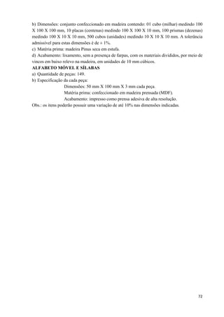   72
b) Dimensões: conjunto confeccionado em madeira contendo: 01 cubo (milhar) medindo 100
X 100 X 100 mm, 10 placas (centenas) medindo 100 X 100 X 10 mm, 100 prismas (dezenas)
medindo 100 X 10 X 10 mm, 500 cubos (unidades) medindo 10 X 10 X 10 mm. A tolerância
admissível para estas dimensões é de ± 1%.
c) Matéria prima: madeira Pinus seca em estufa.
d) Acabamento: lixamento, sem a presença de farpas, com os materiais divididos, por meio de
vincos em baixo relevo na madeira, em unidades de 10 mm cúbicos.
ALFABETO MÓVEL E SÍLABAS
a) Quantidade de peças: 149.
b) Especificação da cada peça:
Dimensões: 50 mm X 100 mm X 3 mm cada peça.
Matéria prima: confeccionado em madeira prensada (MDF).
Acabamento: impresso como prensa adesiva de alta resolução.
Obs.: os itens poderão possuir uma variação de até 10% nas dimensões indicadas.
 