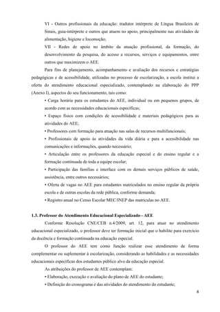   8
VI - Outros profissionais da educação: tradutor intérprete de Língua Brasileira de
Sinais, guia-intérprete e outros que atuem no apoio, principalmente nas atividades de
alimentação, higiene e locomoção;
VII - Redes de apoio no âmbito da atuação profissional, da formação, do
desenvolvimento da pesquisa, do acesso a recursos, serviços e equipamentos, entre
outros que maximizem o AEE.
Para fins de planejamento, acompanhamento e avaliação dos recursos e estratégias
pedagógicas e de acessibilidade, utilizadas no processo de escolarização, a escola institui a
oferta do atendimento educacional especializado, contemplando na elaboração do PPP
(Anexo I), aspectos do seu funcionamento, tais como:
• Carga horária para os estudantes do AEE, individual ou em pequenos grupos, de
acordo com as necessidades educacionais específicas;
• Espaço físico com condições de acessibilidade e materiais pedagógicos para as
atividades do AEE;
• Professores com formação para atuação nas salas de recursos multifuncionais;
• Profissionais de apoio às atividades da vida diária e para a acessibilidade nas
comunicações e informações, quando necessário;
• Articulação entre os professores da educação especial e do ensino regular e a
formação continuada de toda a equipe escolar;
• Participação das famílias e interface com os demais serviços públicos de saúde,
assistência, entre outros necessários;
• Oferta de vagas no AEE para estudantes matriculados no ensino regular da própria
escola e de outras escolas da rede pública, conforme demanda;
• Registro anual no Censo Escolar MEC/INEP das matrículas no AEE.
1.3. Professor do Atendimento Educacional Especializado - AEE
Conforme Resolução CNE/CEB n.4/2009, art. 12, para atuar no atendimento
educacional especializado, o professor deve ter formação inicial que o habilite para exercício
da docência e formação continuada na educação especial.
O professor do AEE tem como função realizar esse atendimento de forma
complementar ou suplementar à escolarização, considerando as habilidades e as necessidades
educacionais específicas dos estudantes público alvo da educação especial.
As atribuições do professor de AEE contemplam:
• Elaboração, execução e avaliação do plano de AEE do estudante;
• Definição do cronograma e das atividades do atendimento do estudante;
 