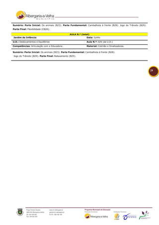 Sumário: Parte Inicial: Os animais (B23). Parte Fundamental: Cambalhota à frente (B28). Jogo do Trânsito (B29).
Parte Final: Flexibilidade (CB26).

                                                 AULA N.º (total)
Jardim de Infância:                                           Data: Junho
U.D.: Deslocamentos e Equilíbrios                             Aula N.º: 8/8 (da U.D.)

Competências: Articulação com a Educadora…                    Material: Colchão e Sinalizadores.

Sumário: Parte Inicial: Os animais (B23). Parte Fundamental: Cambalhota à frente (B28).
Jogo do Trânsito (B29). Parte Final: Relaxamento (B25).




                                                                                                                  29
 