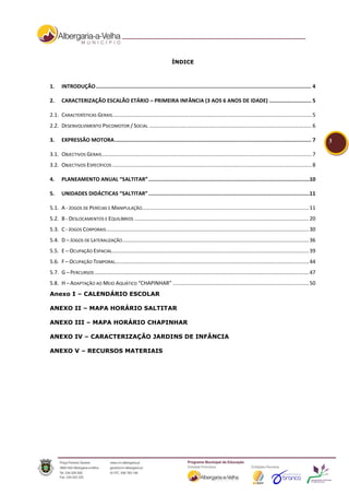 ÍNDICE



1.     INTRODUÇÃO ........................................................................................................................................... 4

2.     CARACTERIZAÇÃO ESCALÃO ETÁRIO – PRIMEIRA INFÂNCIA (3 AOS 6 ANOS DE IDADE) ........................... 5

2.1. CARACTERÍSTICAS GERAIS....................................................................................................................................... 5
2.2. DESENVOLVIMENTO PSICOMOTOR / SOCIAL .............................................................................................................. 6

3.     EXPRESSÃO MOTORA ............................................................................................................................... 7                 3

3.1. OBJECTIVOS GERAIS .............................................................................................................................................. 7
3.2. OBJECTIVOS ESPECÍFICOS ....................................................................................................................................... 8

4.     PLANEAMENTO ANUAL “SALTITAR” ........................................................................................................10

5.     UNIDADES DIDÁCTICAS “SALTITAR” ........................................................................................................11

5.1. A - JOGOS DE PERÍCIAS E MANIPULAÇÃO................................................................................................................. 11
5.2. B - DESLOCAMENTOS E EQUILÍBRIOS ...................................................................................................................... 20
5.3. C - JOGOS CORPORAIS ......................................................................................................................................... 30
5.4. D – JOGOS DE LATERALIZAÇÃO .............................................................................................................................. 36
5.5. E – OCUPAÇÃO ESPACIAL ..................................................................................................................................... 39
5.6. F – OCUPAÇÃO TEMPORAL................................................................................................................................... 44
5.7. G – PERCURSOS ................................................................................................................................................. 47
5.8. H – ADAPTAÇÃO AO MEIO AQUÁTICO “CHAPINHAR” ............................................................................................ 50
Anexo I – CALENDÁRIO ESCOLAR

ANEXO II – MAPA HORÁRIO SALTITAR

ANEXO III – MAPA HORÁRIO CHAPINHAR

ANEXO IV – CARACTERIZAÇÃO JARDINS DE INFÂNCIA

ANEXO V – RECURSOS MATERIAIS
 