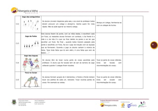 Jogo dos amiguinhos

                             Os alunos circulam dispersos pela sala, e ao sinal do professor todos
                                                                                                     Abraça um colega; familiariza-se
C12                          devem procurar um colega e abraçá-lo. Ganha quem for mais
                                                                                                     com os colegas da turma;
                             rápido. Não se pode agarrar ao mesmo colega.



                            Dois alunos fazem de ponte, com as mãos dadas, e escolhem cada
         Jogo da Falúa      um fruto, os restantes alunos formam um comboio, o da frente é a
                            mãe e o de trás é o que vai ficar detido na ponte e vai ter que
                            escolher um fruto. No final , quando todos tiverem passado pela
C13
                            ponte e escolhido um fruto, faz-se o jogo de tracção com as equipas                                         33
                            que se formaram. Durante o jogo os alunos cantam a música da
                            falúa, "Que linda falúa que lá vem além, é uma falúa que vem de
                            Belém, ..."
        Jogo dos toques

                             Os alunos têm de tocar numa parte do corpo escolhida pelo               Toca na parte do corpo referida;
C14                          professor. O aluno que for tocado tem de sair do terreno do jogo        Evita    ser    tocado     com
                             voltando quando 3 colegas forem tocados.                                movimentações do corpo;



         Toca no Corpo

                             Os alunos formam grupos de 2 elementos, e frente a frente tentam        Toca na parte do corpo referida;
C15                          tocar nos joelhos de cada um. Variante: Tocar noutras partes do         Evita    ser    tocado     com
                             corpo. Por exemplo as costas;                                           movimentações do corpo;
 
