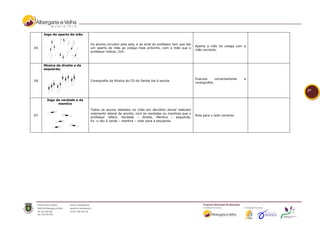Jogo do aperto de mão


                              Os alunos circulam pela sala, e ao sinal do professor tem que dar
                                                                                                  Aperta a mão do colega com a
D5                            um aperto de mão ao colega mais próximo, com a mão que o
                                                                                                  mão correcta;
                              professor indicar, D/E.



     Música da direita e da
     esquerda;


                                                                                                  Executa      correctamente   a
D6                            Coreografia da Música do CD do Panda Vai à escola.
                                                                                                  coreografia;

                                                                                                                                   37

      Jogo da verdade e da
            mentira
                              Todos os alunos deitados no chão em decúbito dorsal realizam
                              rolamento lateral de acordo, com as verdades ou mentiras que o
D7                                                                                                Rola para o lado correcto.
                              professor refere. Verdade – direita, Mentira – esquerda.
                              Ex. o céu é verde – mentira – rolar para a esquerda.
 