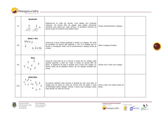 Quadrado

                     Desenha-se no chão do recinto, uma tabela com diversos
                     números. Os alunos têm de passar pela tabela colocando
E7                                                                                     Ocupa racionalmente o espaço;
                     somente uma perna em cada número. O professor informa os
                     alunos quais os números que podem pisar;




      Saltar o Rio

                     Coloca-se a duas cordas paralelas a limitar um espaço. Ao sinal
                     do professor os alunos vão saltando o “rio” e à medida que os
E8                                                                                     Salta o espaço limitado;           41
                     alunos o conseguem fazer vai-se aumentando o espaço entre as
                     cordas.




         Stop

                     Lança-se uma bola ao ar e diz-se o nome de um colega, este
                     quando apanhar a bola diz “stop” e todos os alunos têm de
E9                   parar. O objectivo do jogo é acertar com a bola num colega, os    Acerta com a bola num colega;
                     alunos terão de se deslocar dentro de um espaço limitado por
                     cones.




      Salta Bola


                     Os alunos realizam dois círculos e sentam-se com uma bola. O
                     colega que se situa no meio do círculo tem de saltar a bola       Evita a bola com saltos sobre as
E10
                     arremessada pelos colegas. Ganha o aluno que conseguir estar      bolas;
                     mais tempo no meio do círculo.
 