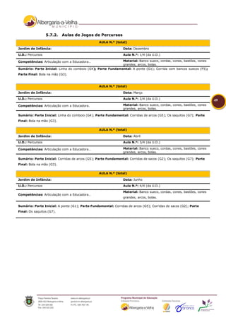5.7.2.   Aulas de Jogos de Percursos
                                                 AULA N.º (total)

Jardim de Infância:                                             Data: Dezembro
U.D.: Percursos                                                 Aula N.º: 1/4 (da U.D.)

Competências: Articulação com a Educadora…                  Material: Banco sueco, cordas, cones, bastões, cones
                                                            grandes, arcos, bolas.
Sumário: Parte Inicial: Linha do comboio (G4); Parte Fundamental: A ponte (G1); Corrida com bancos suecos (F5);
Parte Final: Bola na mão (G3).


                                                 AULA N.º (total)

Jardim de Infância:                                             Data: Março

U.D.: Percursos                                                 Aula N.º: 2/4 (da U.D.)
                                                                                                                       49
Competências: Articulação com a Educadora.                      Material: Banco sueco, cordas, cones, bastões, cones
                                                                grandes, arcos, bolas.

Sumário: Parte Inicial: Linha do comboio (G4); Parte Fundamental: Corridas de arcos (G5); Os saquitos (G7); Parte
Final: Bola na mão (G3).

                                                 AULA N.º (total)

Jardim de Infância:                                             Data: Abril
U.D.: Percursos                                                 Aula N.º: 3/4 (da U.D.)

Competências: Articulação com a Educadora…                      Material: Banco sueco, cordas, cones, bastões, cones
                                                                grandes, arcos, bolas.

Sumário: Parte Inicial: Corridas de arcos (G5); Parte Fundamental: Corridas de sacos (G2); Os saquitos (G7); Parte
Final: Bola na mão (G3).

                                                 AULA N.º (total)

Jardim de Infância:                                             Data: Junho
U.D.: Percursos                                                 Aula N.º: 4/4 (da U.D.)
                                                                Material: Banco sueco, cordas, cones, bastões, cones
Competências: Articulação com a Educadora…
                                                                grandes, arcos, bolas.

Sumário: Parte Inicial: A ponte (G1); Parte Fundamental: Corridas de arcos (G5); Corridas de sacos (G2); Parte
Final: Os saquitos (G7).
 