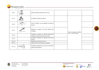 H11.4    Saltar de pés para dentro de um arco;




H11.5    De joelhos na beira da piscina;




         Com um joelho e um pé apoiado na beira da
H11.6
         piscina;


                                                                                  62
         Mergulhar e agarrar uma bola atirada pelo
H11.7
         Professor;
                                                        Entra na água de cabeça
                                                        com o corpo alinhado.
         Mergulhar e apanhar um objecto atirado pelo
H11.8
         Professor antes de este tocar no fundo;
         Mergulhar e apanhar um objecto no fundo da
H11.9
         piscina;
H11.10   Mergulhar para dentro do arco;
H11.11   Saltar para cima da banana ou tapetes;

         Mergulhar passando por um arco na horizontal
H11.12
         seguro pelo professor;
 