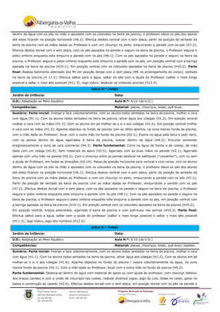 dentro de água com os pés no chão e apoiados com os cotovelos na beira da piscina, o professor eleva os pés dos alunos
até estes ficarem na posição horizontal (H6.1); Efectua deslize ventral com e sem placa, partir da posição de sentado da
beira da piscina com as mãos dadas ao Professor e com um chouriço no peito, empurrando a parede com os pés (H7.1);
Efectua deslize dorsal com e sem placa, com os pés apoiados na parede e seguro na beira da piscina, o Professor segura-o
pelos ombros enquanto este empurra a parede com os pés (H8.1); Com os pés apoiados na parede e seguro na beira da
piscina, o Professor segura-o pelos ombros enquanto este empurra a parede com os pés, em posição ventral com a barriga
apoiada na beira da piscina (H10.1); Em posição ventral com os cotovelos apoiados na beira da piscina (H10.2). Parte
final: Realiza batimento alternado dos MI em posição dorsal com e sem placa (MS no prolongamento do corpo), sentado
na beira da piscina (H 11.1); Efectua saltos para a água, saltar de pés com a ajuda do Professor (saltar o mais longe
possível e saltar o mais alto possível (H11.3); Jogo lúdico, deslocar-se imitando animais (H12.4).

                                                     AULA N.º (total)

Jardim de Infância:                                                 Data:
U.D.: Adaptação ao Meio Aquático                                    Aula N.º: 4/10 (da U.D.)

Competências:                                                       Material: placas, chouriços, bolas, pull-boys.
Sumário: Parte inicial: Imerge a face voluntariamente, com os alunos todos sentados na beira da piscina, molhar a cara
com água (H1.1); Com os alunos todos sentados na beira da piscina, atirar água aos colegas (H1.2); Em posição ventral
molhar a cara com as mãos (H1.3); Com os alunos em pé molhar-se a si e aos colegas (H1.4); Em posição ventral molhar
a cara com as mãos (H1.3); Apanha objectos no fundo da piscina com os olhos abertos, na zona menos funda da piscina,
com a mão dada ao Professor, tocar com a outra mão no fundo da piscina (H2.1); Expira na água pela boca e pelo nariz,
com os alunos dentro de água agarrados à beira da piscina, soprar dentro de água (H4.2); Procurar aumentar
progressivamente a zona da cara submersa (H4.3). Parte fundamental: Corre na água de frente e de costas, de mão
dada com um colega (H2.8); Sem materiais de apoio (H2.5); Agarrado com as duas mãos na parede (H2.1); Agarrado
apenas com uma mão na parede (H2.2); Com o chouriço entre as pernas deslocar-se saltitando (“cavalinho”), com ou sem
a ajuda do Professor, em todas as direcções (H2.10); Passa da posição horizontal para vertical e vice-versa, com os alunos
dentro de água com os pés no chão e apoiados com os cotovelos na beira da piscina, o professor eleva os pés dos alunos
até estes ficarem na posição horizontal (H6.1); Efectua deslize ventral com e sem placa, partir da posição de sentado da
beira da piscina com as mãos dadas ao Professor e com um chouriço no peito, empurrando a parede com os pés (H7.1);
Partir da posição de sentado da beira da piscina com as mãos dadas ao Professor, empurrando a parede com os pés
(H7.2); Efectua deslize dorsal com e sem placa, com os pés apoiados na parede e seguro na beira da piscina, o Professor
segura-o pelos ombros enquanto este empurra a parede com os pés (H8.1); Com os pés apoiados na parede e seguro na
beira da piscina, o Professor segura-o pelos ombros enquanto este empurra a parede com os pés, em posição ventral com
a barriga apoiada na beira da piscina (H10.1); Em posição ventral com os cotovelos apoiados na beira da piscina (H10.2);
Em posição ventral, braços estendidos, agarrado à beira da piscina e com pull-buoy nas pernas (H10.3). Parte final:
Efectua saltos para a água, saltar sem a ajuda do professor (saltar o mais longe possível e saltar o mais alto possível
(H11.3); Jogo lúdico, jogo dos números (H12.5).

                                                     AULA N.º (total)

Jardim de Infância:                                                 Data:

U.D.: Adaptação ao Meio Aquático                                    Aula N.º: 5/10 (da U.D.)

Competências:                                                       Material: placas, chouriços, bolas, pull-boys, tapetes.
Sumário: Parte inicial: Imerge a face voluntariamente, com os alunos todos sentados na beira da piscina, molhar a cara
com água (H1.1); Com os alunos todos sentados na beira da piscina, atirar água aos colegas (H1.2); Com os alunos em pé
molhar-se a si e aos colegas (H1.6); Apanha objectos no fundo da piscina / expira voluntariamente na água, na zona
menos funda da piscina (H5.1); Com a mão dada ao Professor, tocar com a outra mão no fundo da piscina (H5.2).
Parte fundamental: Desloca-se dentro de água com material de apoio ou com ajuda do professor, com chouriço debaixo
dos braços (axilas) e com a união de chouriços nas costas, realizar diversos jogos; jogo do Lixo, bolas no cesto, golos na
baliza e construção do castelo (H3.6); Efectua deslize dorsal com e sem placa, em posição dorsal com os pés na parede e
 