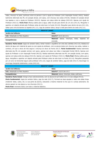 mãos, chouriço no peito, pull-buoy entre as pernas e com a ajuda do Professor (com respiração frontal) (H8.6); Realiza
batimento alternado dos MI, em posição dorsal, com apoio, com chouriço nas costas (H10.8); Deitado em posição dorsal
nos tapetes e com a ajuda do Professor (H10.9); Apenas com placa atrás da cabeça (H10.10); Apenas com ajuda do
Professor (H10.11). Parte final: Efectua saltos para a água, saltar de pés para dentro de um arco (H11.4); Mergulhar e
apanhar um objecto atirado pelo Professor antes de este tocar no fundo (H11.8); Mergulhar para dentro do arco (H11.10);
Saltar para cima da banana ou tapetes (H11.11); Jogo de carácter lúdico, lançar a bola para dentro do cesto (H12.11).

                                                   AULA N.º (total)

Jardim de Infância:                                                Data:

U.D.: Adaptação ao Meio Aquático                                   Aula N.º: 9/10 (da U.D.)

                                                                   Material:   placas,   chouriços,   bolas,   objectos   de
Competências:
                                                                   emersão.

Sumário: Parte inicial: Jogos de carácter lúdico, tentar manter o equilíbrio em cima dos colchões (H12.13); Desloca-se
dentro de água com material de apoio ou com ajuda do professor, com os alunos todos com chouriço nas axilas, realizar o
comboio, em que o aluno de trás segura o chouriço do aluno da frente (H3.7). Parte fundamental: Realiza batimento
alternado dos MI, em posição ventral, com apoio, apenas com placa nas mãos e respiração frontal (H8.9); Apenas com
ajuda do Professor e com respiração frontal (H8.10); Realiza batimento alternado dos MI, em posição dorsal, com apoio,
apenas com placa atrás da cabeça (H10.10); Apenas com ajuda do Professor (H10.11). Parte final: Efectua saltos para a
água, mergulhar e apanhar um objecto atirado pelo Professor antes de este tocar no fundo (H11.8); Mergulhar passando
por um arco na horizontal seguro pelo professor (H11.12); Jogos de carácter lúdico, jogo da rede (H12.7); Escorregar no
escorrega imergindo totalmente o corpo (H12.14).
                                                   AULA N.º (total)

Jardim de Infância:                                                Data:
U.D.: Adaptação ao Meio Aquático                                   Aula N.º: 10/10 (da U.D.)

Competências:                                                      Material: placas, chouriços, bolas, pull-buoy .

Sumário: Parte inicial: Imerge a face voluntariamente, com os alunos em pé molhar-se a si e aos colegas (H1.6);
Parte fundamental: Jogos de carácter lúdico, jogo da rede (H12.7); Formam-se duas equipas e cada uma delas limpa
(material: bolas, cubos, etc.) a sua parte da piscina, colocando o mesmo material no lixo que é o campo adversário. Os
alunos apoiam-se nas placas ou nos chouriços (H12.1).
Parte final: momento lúdico com todo o material didáctico.
 