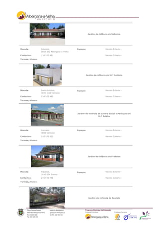 Jardim-de-infância de Sobreiro




Morada:          Sobreiro,                     Espaços                     Recreio Exterior -
                 3850-272 Albergaria-a-Velha
Contactos:       234 525 483                                               Recreio Coberto -

Turmas/Alunos:




                                                         Jardim-de-infância de St.º António




Morada:          Santo António,                Espaços                     Recreio Exterior -
                 3850 -822 Valmaior
Contactos:       234 525 482                                               Recreio Coberto -

Turmas/Alunos:




                                               Jardim-de-infância de Centro Social e Paroquial de
                                                                  St.ª Eulália




Morada:          Valmaior                      Espaços                     Recreio Exterior -
                 3850 Valmaior
Contactos:       234 523 932                                               Recreio Coberto -

Turmas/Alunos:




                                                          Jardim-de-infância de Fradelos




Morada:          Fradelos,                     Espaços                     Recreio Exterior -
                 3850-574 Branca
Contactos:       234 542 948                                               Recreio Coberto -

Turmas/Alunos:




                                                           Jardim-de-infância de Soutelo
 
