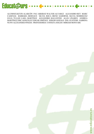 ALUMNES:KEVIN ALARCÓN PAU ARRIBAS WALTER ALVAREZ ALEJANDRO REY MARC
CADENAS BÁRBARA BERNAUS SILVIA ROCA IRENE SADORNIL SILVIA RODRÍGUEZ
JULIA TULLIO LARA MARTÍNEZ ALEJANDRO BALLESTER ALAN LINARES ANDREA
MARTÍNEZ ERIC GONZÁLEZ EDGAR JIMÉNEZ SERGIO GOZALO POL GUSTEMS SABRINA
NUNN ALEXANDER PINEDA PROFESSORES: CONXITA SOLER I MÍRIAM MONYARC
 