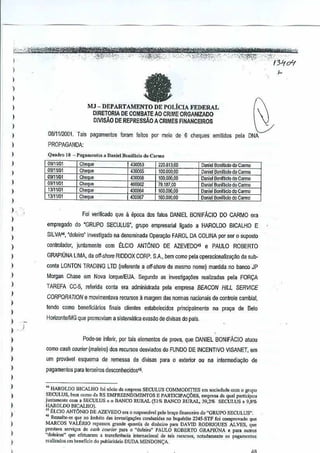 >' ',,>;:~*,iW'~#nmr~e®t'w~*1&:eWlffq

f
l'

.." ..

','VictWt',;~
,," ","" "" " .."_:%(i';:,c'k,h:,,: ":'" ,- '.:.C,';;'1lj'.CS;: :'";'i.,:'.'::-'''i, ...' '''.,."
""' '-,' ,-,,,,...:--,.;
1'~'::~Jli')!,;:;"'{"',' " .•... ,
,":".:{r;§~;1::.:-'::::G·;"·": '
,"
-,y,;,
''
··')3lfdf

l

e

)

(. ~

MJ - DEPARTAMENTO DE POLiclAFEDERAL
DIRETORIA DECOMBATE AO CRIME ORGANIZA[)O
D[VISAO DE REPRESsfi.OA CRIMES FINANCEIROS

)

)

~

J

)

0811112001. ais pagame!ltos foram feitos per melo de 6 cheques emitidos pela DNA
T

,
,

PROPAGANDA:

l

Quadrn In - P'g'lllentos a Daniel Bonim,j{)~o Cormo

)

D9I11/o1

09111101
G9/11II11
OSI11ffi1

,,
)

13111101
13/11/01

)

Che ll<l
Chequ€
Che ue

-

Cr." us
Che e
Ch u.

Fo! venflcado que

)

43]053

"'""

43()OIlll

.wOOO2

"''''
430067

220,813,00
100,000,00
100,000,00
79.187,00
lOO.OOO,OD
!OO.()(J(),OO

a epoca dos faos

Daniel Bonlfilcio do Cm=
Daniel Bonifacio do Carm<l
Daniel BonffAcio do Carmo
Danial Bonifacio dQ Carmo

Dalliel Bon~aciodo Carmo
DanielBonif.ldo do Garmo

DANIEL BONIFAcIO DO CARMa era

empregado do "GRUPO SECUlUS", grupo emp!esariall[gado a HAROlDO

)

BICAlHO

E

I

SllVA~, "doleiro" investigado na denomin~da Opera~&> FAROl DA COLINA par ser 0 suposto

)

controlador, juntamente com tLCIO

)

GRAPIUNA LIMA, da off·shore RIDDOX CORP. S.A., bern como pela operacioQalizac;:~o subda

,

conta lONTON TRADING lTD (rnfernnte.a off-fihore de mesmo
nome) mantida no banco JP

)

Morgan Chase em Nova 10rquelElJA. S8{lundo asinvestigay6es realizadas pElla FORCA"

)

TAREFA ecoS. referida conta era adminislrada pela empresa
BEACON

)

tendo como ooneficiarios finais c1ien!es estabelecidos prlncipalmen!e na praGa de 8elo

)

HoriwntalMG qu~ promoviam a sistematica cvasao de divisas do p,'Ils.

)

)

HILL SERVICE

CORPORATION e movimentava recu/Sos a margem dao normas nacionais de controle cambial,

)

)

ANTONIO DE AZEVEO()45 e PAULO ROBERTO

)

Pode-se inferir, pol tais elementos de prove. que DANiEl BONIFACIO atuou

)

como cash couliO'r(maieiroj dO$ reculSos desviados do FUNDO DEINCENTIVO VISANET, em

)

urn provavel esquema de remessa de divisas para a exterior ou na
inlermedial;ilo de

,,
,
)

)

)

,,
,

)

pagamentos para terceiros desconhecidos'6.
44HAROLDO BlCALHO foi ,6do da omp'"" SECVLUS COMMODITIES on>oodeda~ecom 0 grupo
SECULUS. be," oorno da RS EMPREENDIMENTOS E PARTIOPA<;OES, .,npres. da qual participou
juntamooto com a SECULUS C 0 BANCO RURAL (51% )JANCO RURAL, 39,2% SECUWS. 9,8%
HAROLDO B1CAlRO).
" ELCIO ANTiJNlO DE AZEVEDO Cr. 0 rc.'I"'"slivel pOlo brn,o finanoe;ro do "GRUPO SECULUSv.
..., Rcssalte·,e qlle no amhito do, invostigao;oesconduzid., no Inquerj(o 224S-STF (0; comprovado que
MARCOS VALJ3RIO repa"ou grande quanti. do din"oiro]>'lm DAVID RODRIGUES ALVES. que
p<estava "I'Ii,o" de cash co",ler par. ~ "doleiro" PAULO ROBER.TO (iMPlUNA e para ~utrQ'
"doloiro," quo efowanlm a tran,fcr<'nda lore'Mcional de tai. recur"", nol.d.mente 0' p.g.mcnto,
rcalizodos Ombeneflcio do pubUcitirio nUDA MENDON<;A

 