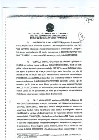 m
.-,',~.'t~'F-:";:'-'.:'5tt:'!).tt1:;?:-:~"":":,;5;:':'.
':-?i-;'}j;~;gj

)iiyt'(."~tfWirl41®,jt¥frnfjMe1ire&'t*thmitlift'1j'I,i·?

) ~~
I

Maven!



a

i
)

MJ - DEPARTAMENTO DE POLiclA FEDERAL

)
)

D1RETORIA DE COMBATE AD CRIME DRGANIZADO
DIVISAo DE REPREssAo A CRIMES FINANCEIROS

,,
,,
,,
,,
,,
,,
,
,
,
,,

J)

PARTICIPACOES LTDA no valor de R$ 55.000,00, As investiga0es

tena lrocEdo aproximadamente 600 liga0es

4)

,,
,

DA SILVA FILHO: recebeu em 211()5120()4 quanlla de R$
a

poiicial, conforme depoimento que se encontfa asfis, 122611227dos aLlIos, GUIDO LUll relatou
que recebeu a quantia de R$ 35000,00 como sinal pela venda de um lole,
cuja valor foi
efeivooo em R$ 105,000,00. DiS&! que a referira transac;i!o imobilillria Ioi inteJTllalJiada por
PEDRO PAULO, donoda CEPEL, tendo conslacio como compl<ldor Il() contrato de promessa de
compra e 'fflnda 0 nome de MARCOS VAL~RIO FERNANDES DE SOUZA, conforme c6pia do
documenlo que fez juntm aos autos. Afirmou que embora no ~ampo compradorfigulasse
MARCOS VALERIO, 0 conlrato fora assinado de fato porum advogado, cujonome

nao soube

declinar, Conlou, µor fim, que acreditava,ale enta~, que 0comprador do tote seria PEDRO

)

)

GUIDO lUll

35.000,00, por meio de cheque emitido pela 2S PARTICIPAyOES LTDA. Ouvido em sede

)

,
,,
,,
,,

oom
empres~s do ESQUEMA MONTADO POR

MARCOS VAL~RIO, in~tuldas cerca de 240 chamadas para0 proprio MARCOS VAL~RIO.

J

)

oonduzidas pela eM?1

'DOS CORREIOS" indioou que a mesma seoa ex-secrelilriade oomunic:a~1!ode Contagem e

I

)

SANDRA ROCHA: recebeu em 0410512004pagamento de emprl'lsa 2S

PAULO e este estaria fazendo a transa~ao atraves de urn advogacio.
5)

-)

PAULO VIEIRA ALBRIGO: recebeu em 2810412004 0 cheque da 2S

PARTICIPA~6ES no valor de R$ 50.000,OOS'.Consta as "s. 124311244ennO'de depoimento no
qual PAULO VIEIRA AL8RIGO annna que na ep?ca da lransa9ao atua~a como tesoureiro da
campanha do Deputsdo Federal JoAO MAGNO
para a prefeiura de IpatingalMG. Disse que
JOAO MAGNO!oi orientado pelo Diret6rio do Partidodos Trabalhadores a buscar recursosna
empresa SMP&BCOMUNICAcAO

LTDA,localizada em Bela HorizonlelMG.Relatou que, desta

forma, fo1tits ou quatro vezas ate aqLJelaag~ncia para buscar dinheiro destinado a pagamentos
de campanha, sendo que sempre emma em favo.r da empresa bonus de doador para presta~ao
0.
de contas junto ao Tribunal Superio.r Eleitoral. Entrelanlo, conlou PAULO VIEIRA que uma
secretaria da SMP&8 COMUNICACAO LTDAinlormava que nao erapreclso enlregar o.S
bOnus

.

-

PAULO VIEIRA ALBRlGO rc""boo omZS,OZI2004 outro pag:>rll"nlo d, SMf&cll COMUNICAC:AO
LTDA, no valor do R$ 9.952,00.
'

L

 