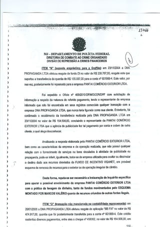 '"',,:ft'''

I
)

a

,

l
)
)

l

MJ-DEPARTAMENTODEPOLIcJAFEDERAL
DIRETORIA DE COMBATE AU CRIME QRGANIZADO

l
l

DIVlSiI.O DE REPRESSAo A CRIMES FINANCEIROS
ITEM "N" fsuoosto emorestimo para a Graffi!e: em 2311112004 a DNA

)

)

PROPAGANDA LTDA efeluou resgote de lundo DI no valor de R$ 230}07,00,

)

suportou a lransferencia da quantia de R$ 155.087,00 para a conla o· 601999-4, Esle valor, fXll

)

resgate este que

sua vel, posteriormenlG joi repassado para a empresa PANTAI COM~RCIO EXTERIOR lTOA,

)

l

Foi 9xplldido 0 Ollda n' 40012010-DFINIDCORlOPF

)

com solicltaqao de

J

inforrnayao a respeito da natureza do rererida pagamento, tendo 0 representante da empr$sa

)

informado que !laO rei cncootrada em seus regislros comerciais qtlalquer lransa900 com a

)

empresa DNA PROPAGANDA LTDA, qLJenunca lena ftgurado como sua cliente. Enlretanto, Ioi

l

connrmado 0 recebimento da transfenlncia realizada pela DNA PROPAGANDA LTOA em

)

2311112004 no valor de R$ 154.500,00, cancluindo 0 representante da PANTAi COMERCIO

l

EXTERIOR LTDA Que a agencia de publicidude fez tal pagamento por conta e ordem de outro

~)
)

cHenle, 0 qual alega deS{;onhecer,

l
Analisando a resposla elaborada pela PANTAI COMERCIO EXTERIOR LTDA,

)

)

bem como as caracteristicas da empresa e da Opefa'f~O re<llilada, que nao possui qualquer

)

rela9aO com a fornedmento de sef'li90s au bens vinculados II ati~idade de publicidade au

)

propaganda, pode·se inferir, igualmenle, lralar·se de empresa uUlizada para aGuilar ou dissimular

)
)

")

o des1ino dado <lOSrecursos des~iados do FUNDO DE INCENTIVO VISANEF, em pro~avel
esquema de remessa de rllCUrsOSpara 0 exterior au de opera9ao irregular de cambio.

)

)

)
)

Desta forma, reputa·se ser nece~saria a Instaura~iG de Inquerito especffico
para apurar 0 possivel envolvimento

da empreS3 PANTAI COMERCIO EXTERIOR LTDA

)

com a pratica da lavagam de dinheiro, tanto de fundos movimentados

pelG ESQUEMA

)

MONTADO POR MARCOS VALERIO quanto de recursos orlundos de outras fontes I!egals.

)

)
)
)
)

ITEM "0" (transacao nao mencionada "3 c.onlabilldade reprocessadal:

em

2010112005 a DNA PROPAGANDA LTDA efetuou,resgaie de aplica9~o ·BB FIX" no valor de R$
474.917,00, quan~a que foi posleriormente trans1'erida para a conta

nO 601999-4, Este crblito

sustenloll diversos pagamentos, entre eles 0 cheque n' 458352, no v~lor de R$ 154.500.00, em

)
11 n

.

 