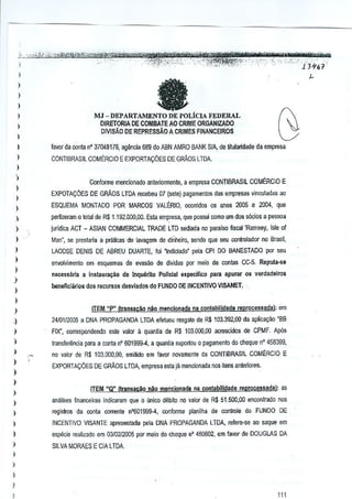 1:
j

<__

<;ii-"~j';','%#:!b~i:.OX:@fuiB'4)li#&:~1iittr~*" -'tzMiW*_'; _tM"iq't(lr'-'/k
,
-:.,. -, -,-:-,:':i.t~:;;F!t'::'~:'i~~:-'
"-':~':
-:~:""::,'('-t:,;.'",_!.,)!p:'- -, ""- .'.-,',: -':
(i 1

)

'~n.it

tt

)

l

"

)

MJ - DEPARTAMENTO DE POLioA

)

FEDERAL

DIRETORIA DE COMBATE AO CRIME ORGANIZADO

)

DMSAo DE REPRESsAO A CRIMES F1NANCEIROS

)
)

rovor da conla n' 37048176, a<;]encia689 do ABN AMRO BANK s/A, de liIulalidade da empresa

)

CONTI BRASIL COMERCIO E EXP_ORTA<;OES DE GRADS LTDA.

)

)

Conforme mencionado anleriorrnent€, a emprcS8 CONTIBRASIL COMERCIO E

)
)

EXPOTA90ES

DE GRAOS LTDA recebeu 07 (sete) pagamsntos das empresas vinculadas aa

)

ESQUEMA MONTADO POR MARCOS VALERIO, oGOrridos os anos 2005 e 2004, que

l

perfizeram 0 total de R$ 1,192.aoo,OQ, Esla empresa, que possui como urn dos s6cios a pessoa

)

juridica ACT - AS!AN COMMERCIAL TRADE LTD sediada no paraiso fiscal 'Ramsey, Isle of

)

Man", 5e prestarta a pralicas de lavagem de dinheiro, sendo que

)

LAODSE DENIS DE ABREU DUARTE, foi 1ndic;ado' pela CPI DO 8ANESTADQ

)

)

)
)

sell

oontrolador no Brasil,
par seu

envolvimento em esql!emas de evasao de dividas par meio de contas CC-5, Reputa-se
necessaria a ins!aura9an de lnqu<lrlto Policial especifico para apurar as verdadelro~
beneficiarlo5 dos recursos desvlados do FUNDO DE INCENTIVOVISANET, .

)
)

ITEM "p" Itransacao oao mencJonada na contabilidada reprocessadal: em

,j

24/01/2005 a DNA PROPAGANDA LTDA efetuou resgale de R$103.392,OO da aplica~ao "BB

)

FIX", oorrespondendo esle valor II quan~a de RS 103.000,00 acrescidos de CPMF. Ap6s

)

transferOOciapara a conta n' 601999--4, a quantia suporlou a pagamento do cheque nO458329,

)

no valor de R$ 103.000,00, emmdo em favor novamente da CONTIBRASll

)

COMERCIO E

EXPORTAC;:OES DE GRADS LTDA, empresa est~ jii mencionada nos ilens ante~Ofes.

)
)

)
)

ITEM "Q" (tramiaciio nilo mencionada na contabllidade reprocessada):

as

aniilises financeiras indicaram que 0 linico debito no valor de R$ 51.500,00 enconlrado nos

)

rejJislros dn conla corrente n'601999-4, conforme planilha de conlroie do FUNDO DE

)

INCENTIVO VISANTE npwsenteda pele DNA PROPAGANDA LTOA, lefere·se ao saque em

)

especie realizado em 0310212005 par meio do cheque n' 460602, em favor de DOUGLAS DA

)

SILVA MORAES E CIA lTDA.

)
)

l
I
)

111

 